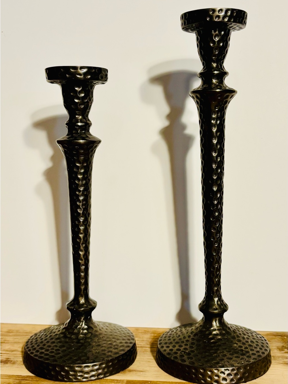 Vintage Pottery Barn Seville Hammered Bronze Black Tapered Candlestick Pair